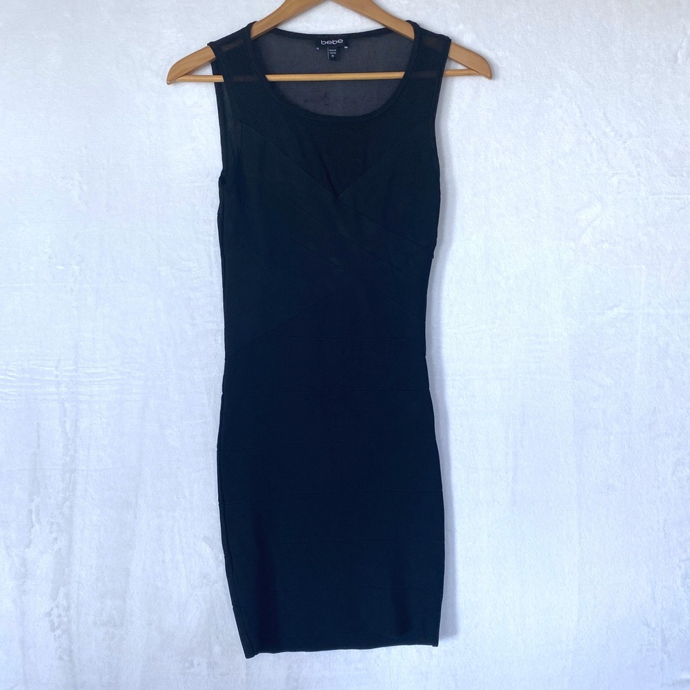 Vtg Bebe 90s Black Sleeveless Sheer Neck Bandage Bodycon Dress Size Medium Party